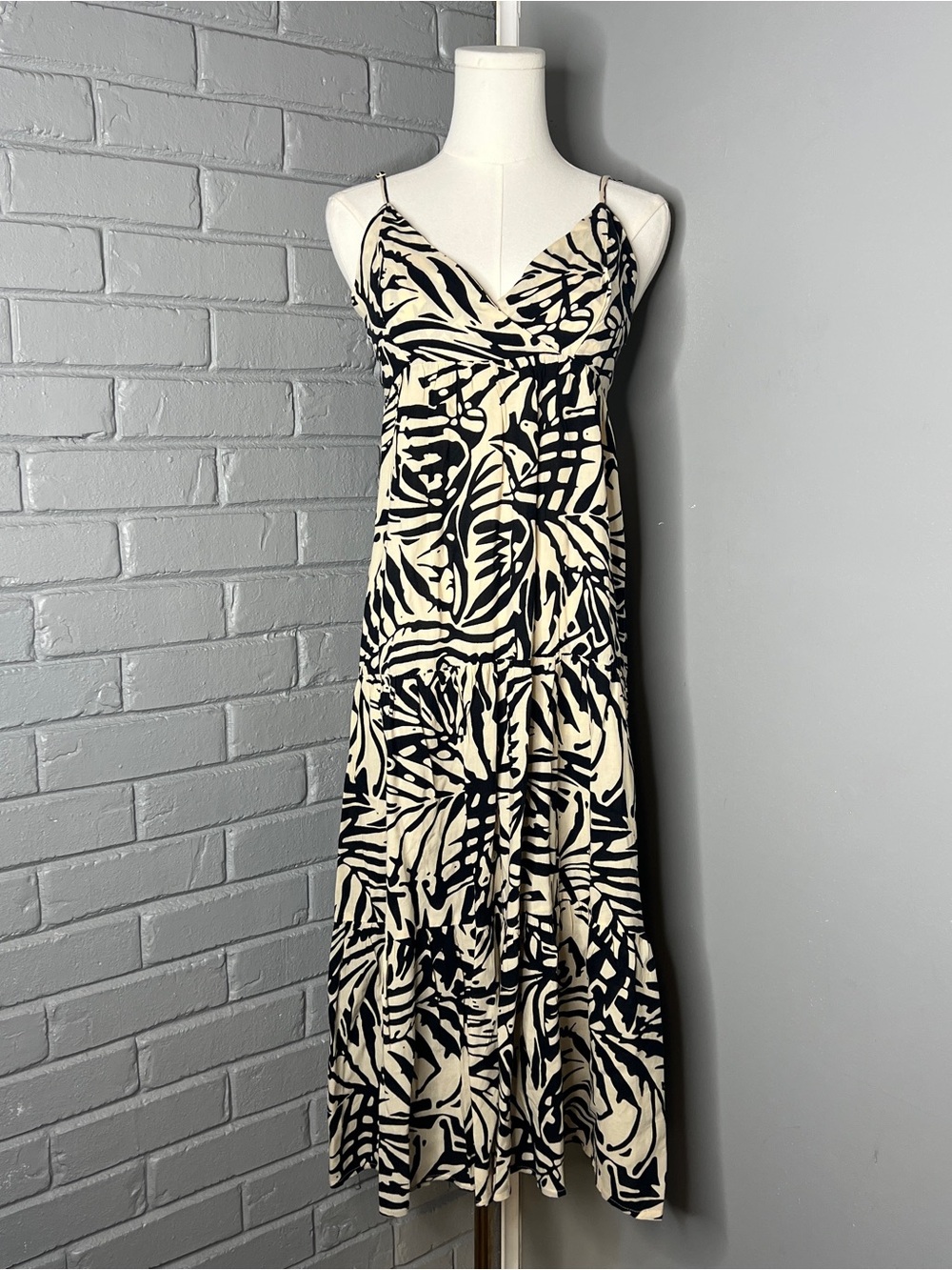 Patrons of Peace Tiered Spaghetti Strap Black & Cream Animal Printed Midi Dress